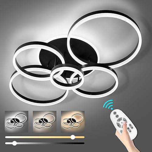 Miniatura 6 de Lámpara de Techo Moderna, 39.4'' Regulable 145W LED Negra Empotrada Luces de Techo con Control Remoto 5+1 Anillos Accesorio de Lámpara de Techo