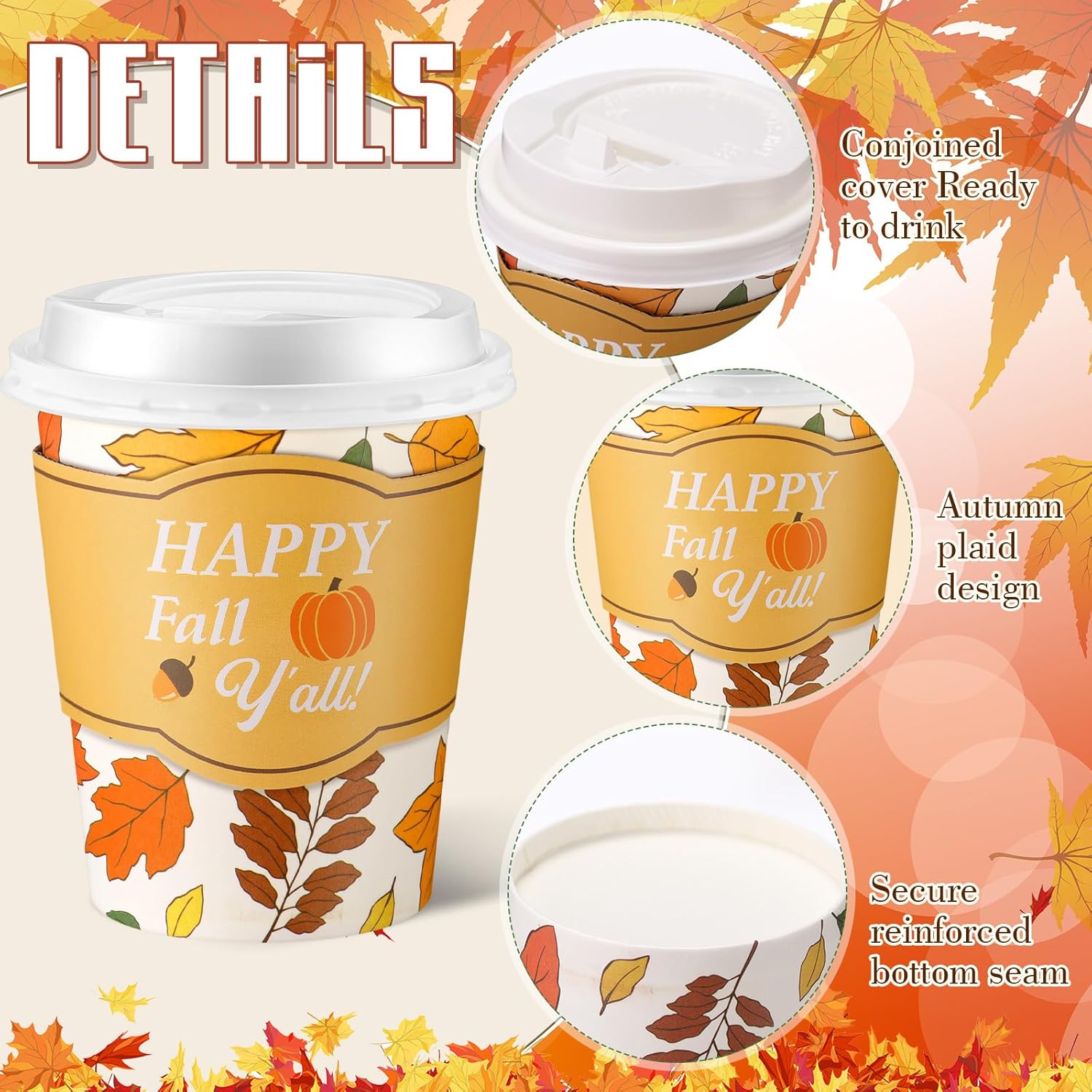 Mimorou 100 Set Fall Disposable Coffee Cups with Lids and Sleeves Bulk 8oz Maple Leaves Paper Cup Pumpkin Cups for Autumn Thanksgiving Party Coffee Bar Decoration Supplies