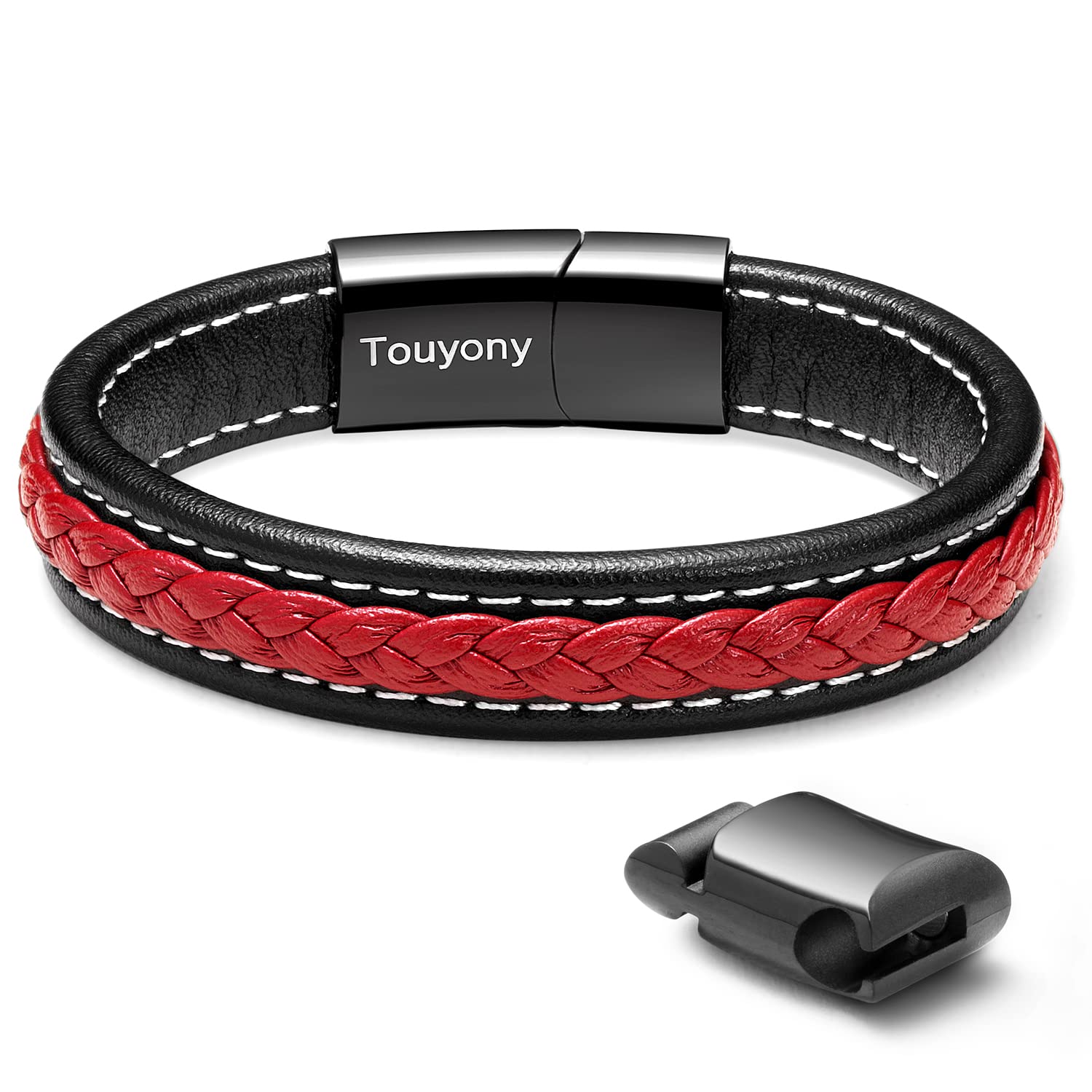 Touyony Red Leather Bracelet for Men Braided Leather Cuff Bracelet Simple Fashion Men's Accessories