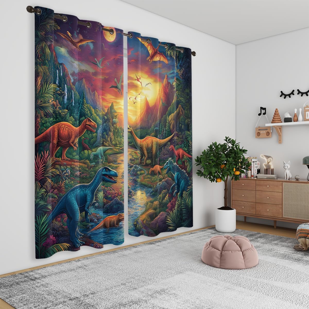 Dinosaur Blackout Curtains for Girls Boys Kids Home Decor, Cartoon 3d Dinosaur Group in The Primeval Grommet Thermal Insulated Drapes Darkening Window Curtain for Bedroom Living Room, 42 x 63 Inch