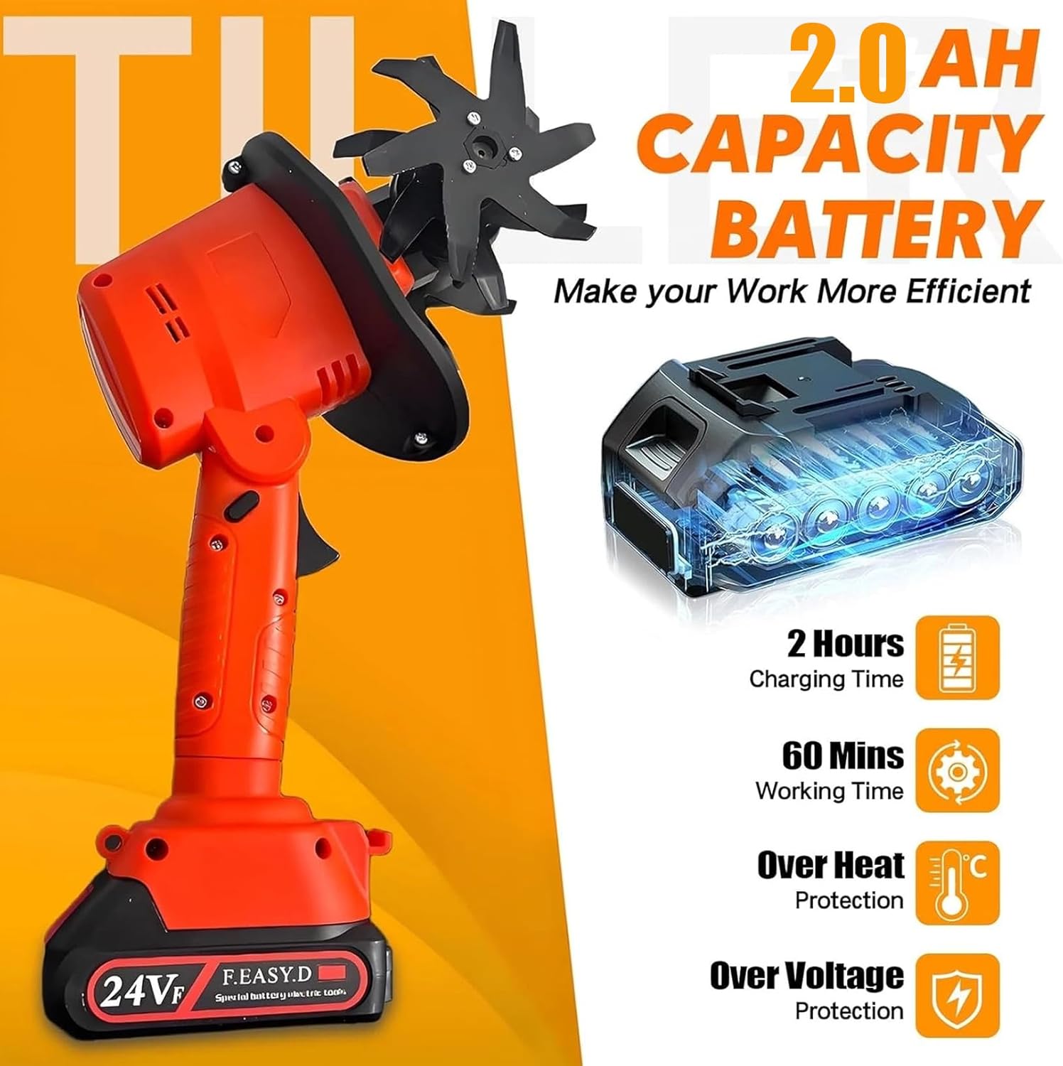 21V Cordless Tiller for Gardening, 360 RPM Electric Garden Tiller, 2-in-1 Powered Mini Cultivator with 2×2.0Ah Batteries & Charger, 5" Tilling Width, 4" Depth, for Lawn/Soil Cultivation (with Pole)