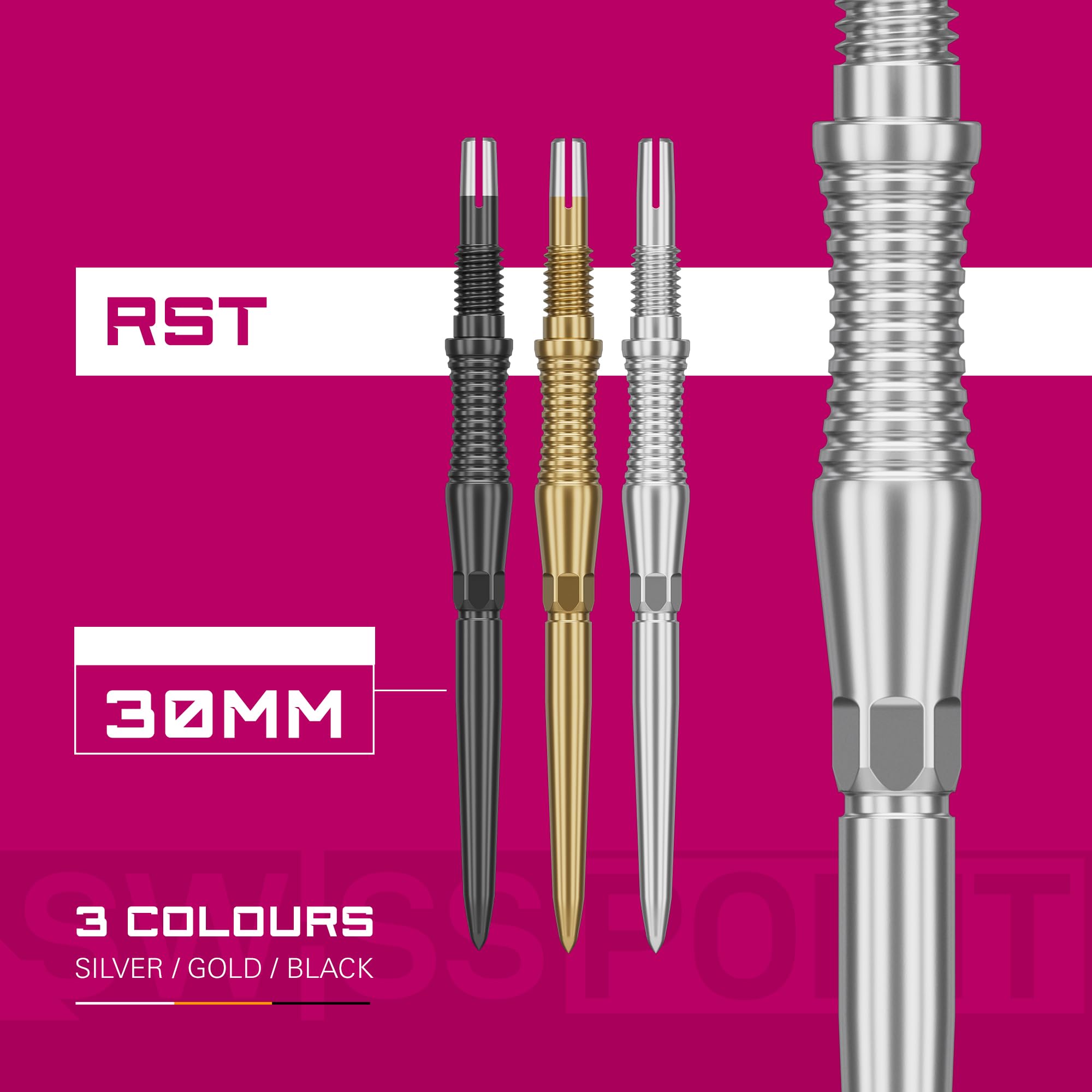 Target Darts Swiss Punte Storm Dart, RST (Set di 3 Punte) 30MM/35MM/42MM – Oro/Argento/Nero | Punte per Freccette, Punte Swiss Storm, Accessori Professionali per Freccette