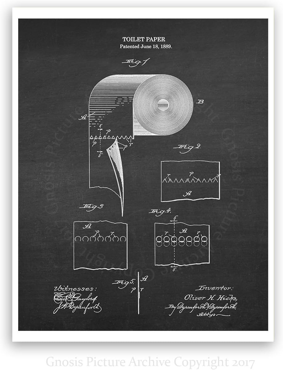 Gnosis Picture Archive Bathroom Decor Set of 4 Art Prints Unframed Toilet Paper Roll Toilet Seat Patent Diagrams