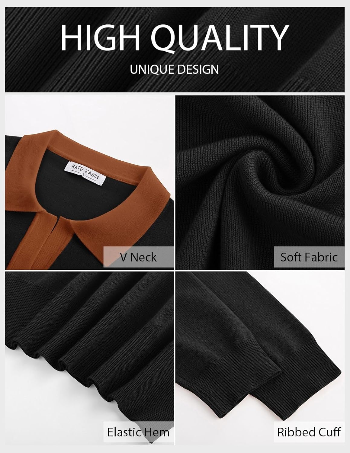 Kate Kasin Women Long Sleeve Polo Sweater V Neck Knitted Tops Casual Ribbed Shirt Loose Pullover Sweater - Image 4