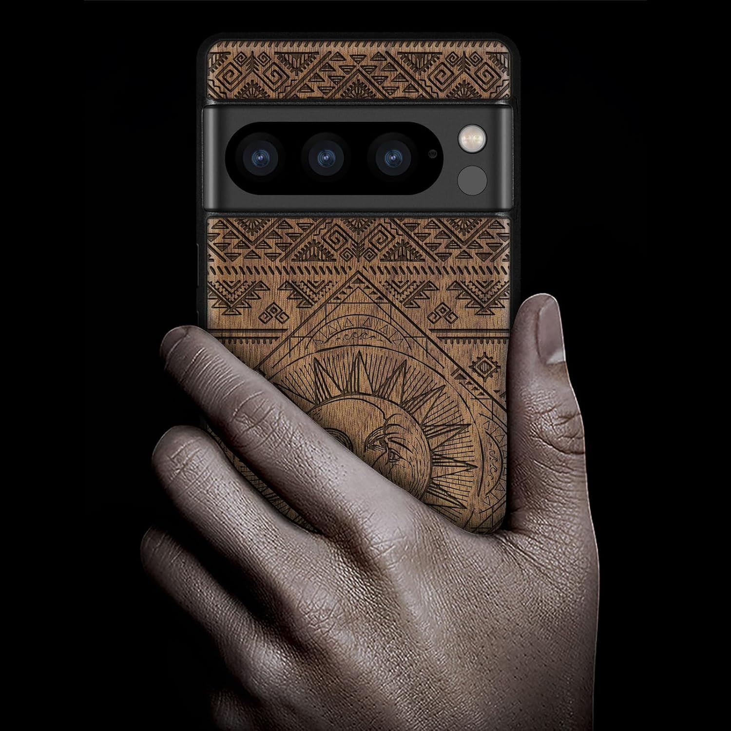 Carveit Wood Case for Pixel 8 Pro Case [Natural Wood & Black Soft TPU] Shockproof Protective Unique Wooden Cover Compatible with Google Pixel 8 Pro (Sun and Moon-Walnut)