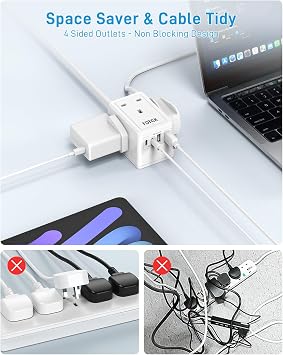 Extension Lead Cube with USB C Slots, FDTEK 3 Gang Socket Extension with 4 USB Ports, Small Extension Plug Wall Mount Power Strip with 1.5M Cable for Home Office Travel 13A/3250W