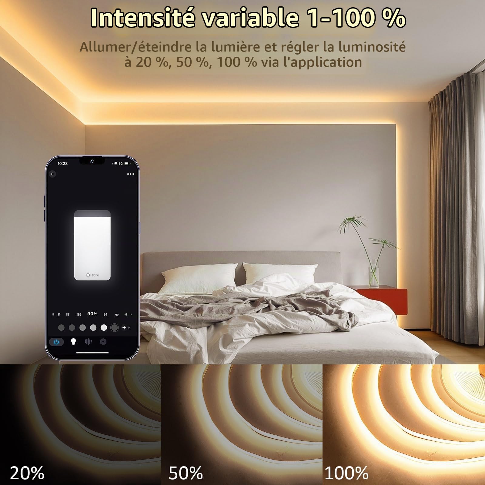 Ruban LED COB 3000K, 15M DC24V Bande LED Blanc Chaud avec Alimentation, 384LEDs/M, CRI 90+, Largeur 10mm, Bande Lumineuse COB Dimmable pour Chambre, Décoration de la Maison