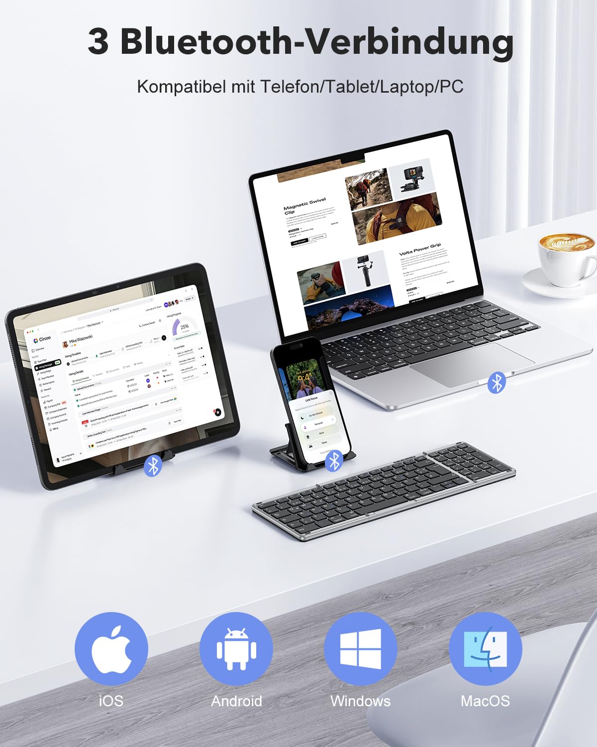 OMOTON Bluetooth Tastatur Faltbare mit Ziffernblock, QWERTZ Deutsches