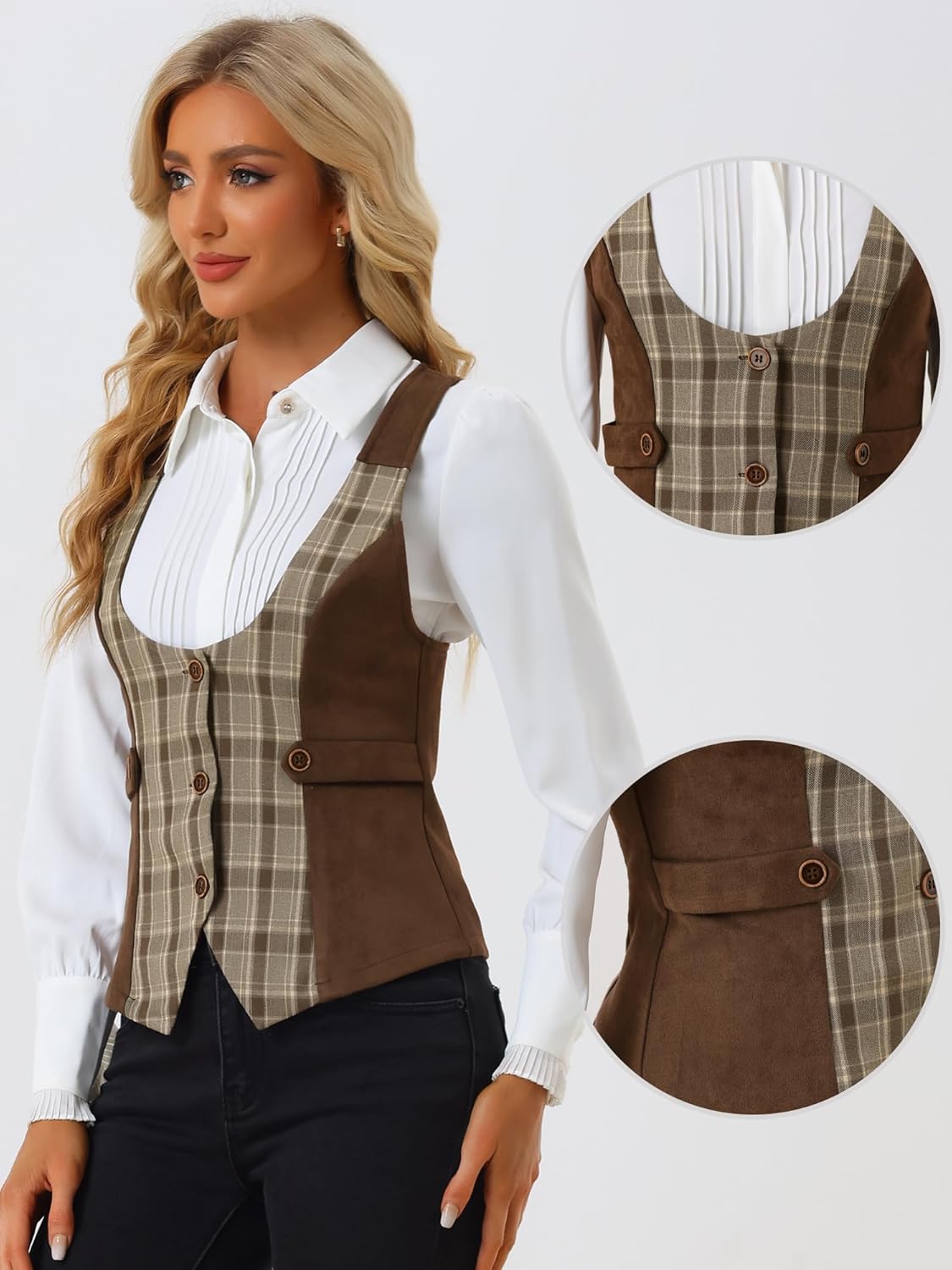 Allegra K Vest for Women's Plaid Button Down Sleeveless Faux Suede Panel Dressy Waistcoat for Blazer - Image 2