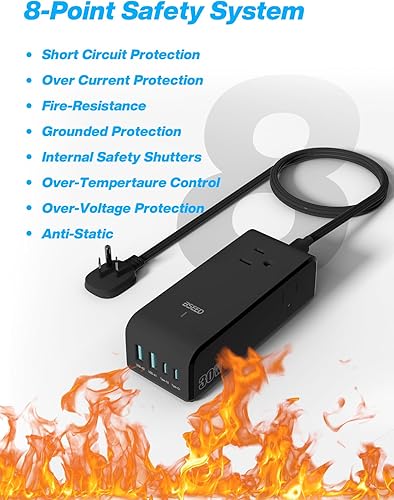 Miniatura 6 de BSEED Regleta de alimentación con USB, extensión de 3 tomas de corriente, 3 puertos USB, protector de sobretensión, estación de carga de escritorio