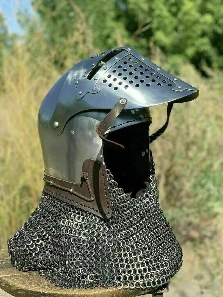 Medieval Bascinet Knight Helmet 18 Gauge Steel with Chainmail | Visor with Ventilation, Leather Chin Strap, Adult Unisex Size, Costume & LARP Use, Wipe Clean Care