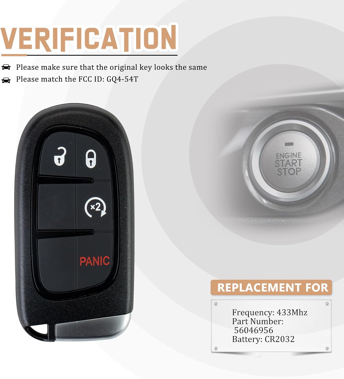 Replacement Car Key Fob for 2013/2014/2015/2016/2017/2018/2019 Ram 1500 2500 3500 with FCC ID: GQ4-54T 46 CHIP Part Number: 56046956 433Mhz (Pair)