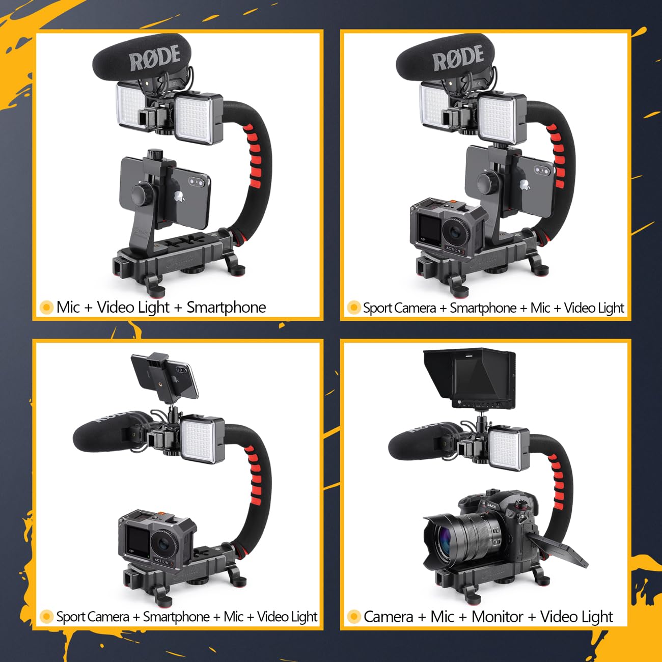 Zeadio Stabilizzatore palmare per fotocamera, impugnatura versatile, supporto video per smartphone con custodia per il trasporto, compatibile con tutte le fotocamere, videocamere, action camera DSLR e