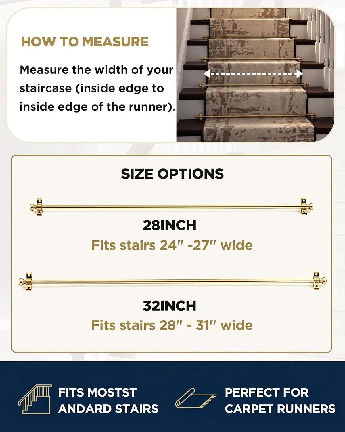 Wesiti 13 Pack Stair Runner Rods Set for Carpet Runners Stair Runner Rods with Brackets and Round Finials Decorative Metal Carpet Rod up to 28/32 inches for Vintage Staircase Decor(Golden,32 Inches)