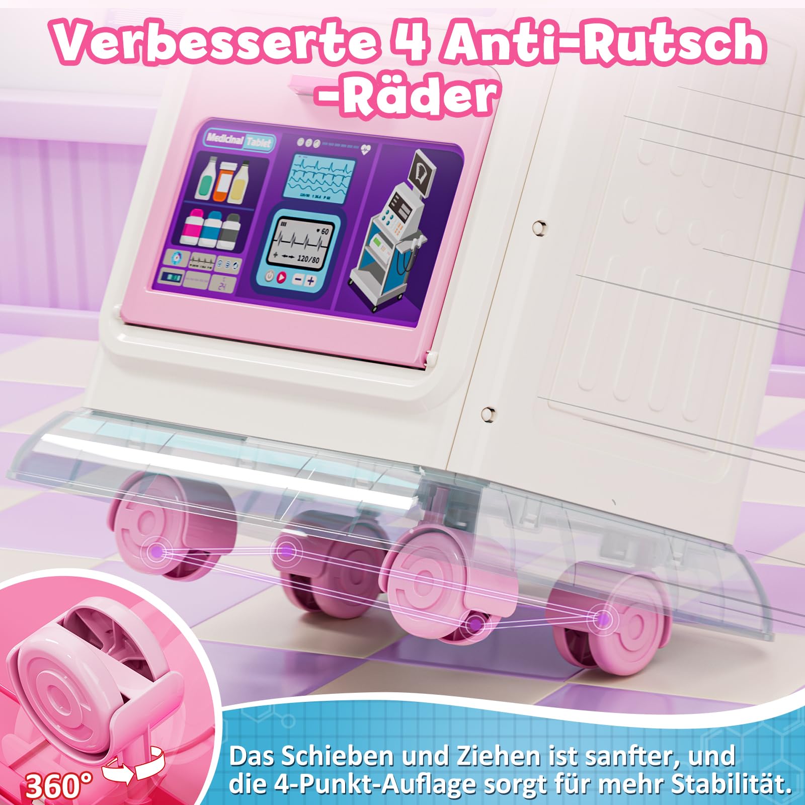 Lehoo Castle Arztkoffer Kinder, Arztwagen mit Ton & Licht, Doktorkoffer Kinder, Arztkoffer mit Stethoskop, Spielzeug ab 3 Jahre, Mädchen Geschenke 3 Jahre Medizinischer Kinderwagen(Rosa)