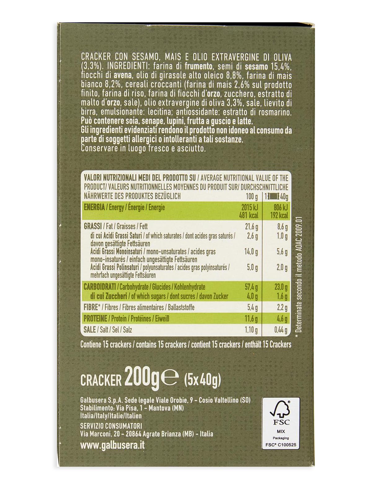 Galbusera BelleBuone Crackers Integrale di Sesamo e Mais con Olio Extra Vergine D'Oliva 200g [CAIYA® BOX da 8 Confezioni]