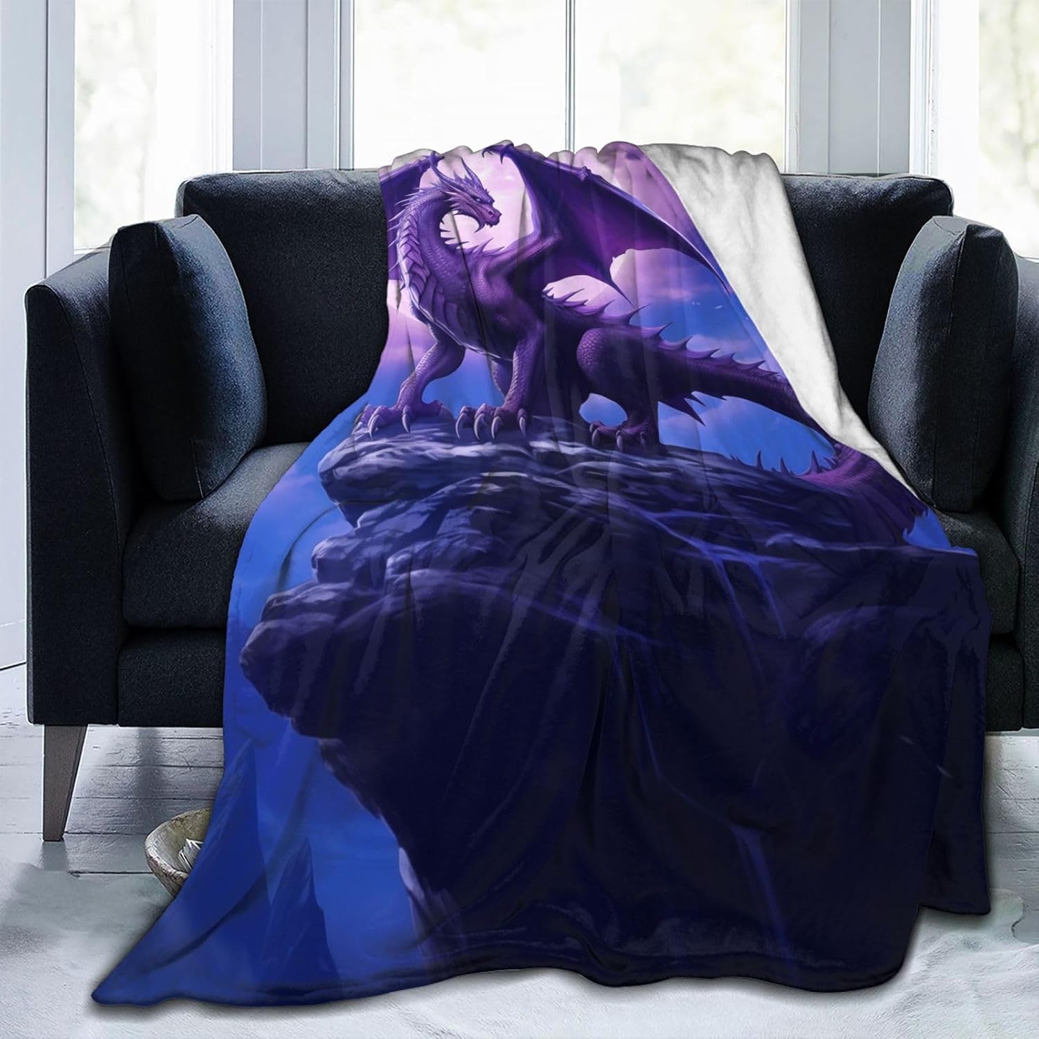 Fantasy Purple Dragon Blanket Gifts for Adults Boys Moon Cliff Flannel Throw Blankets Soft Comfy Lightweight for Home Decor Couch Bed Sofa 60x50 Inches - Image 4