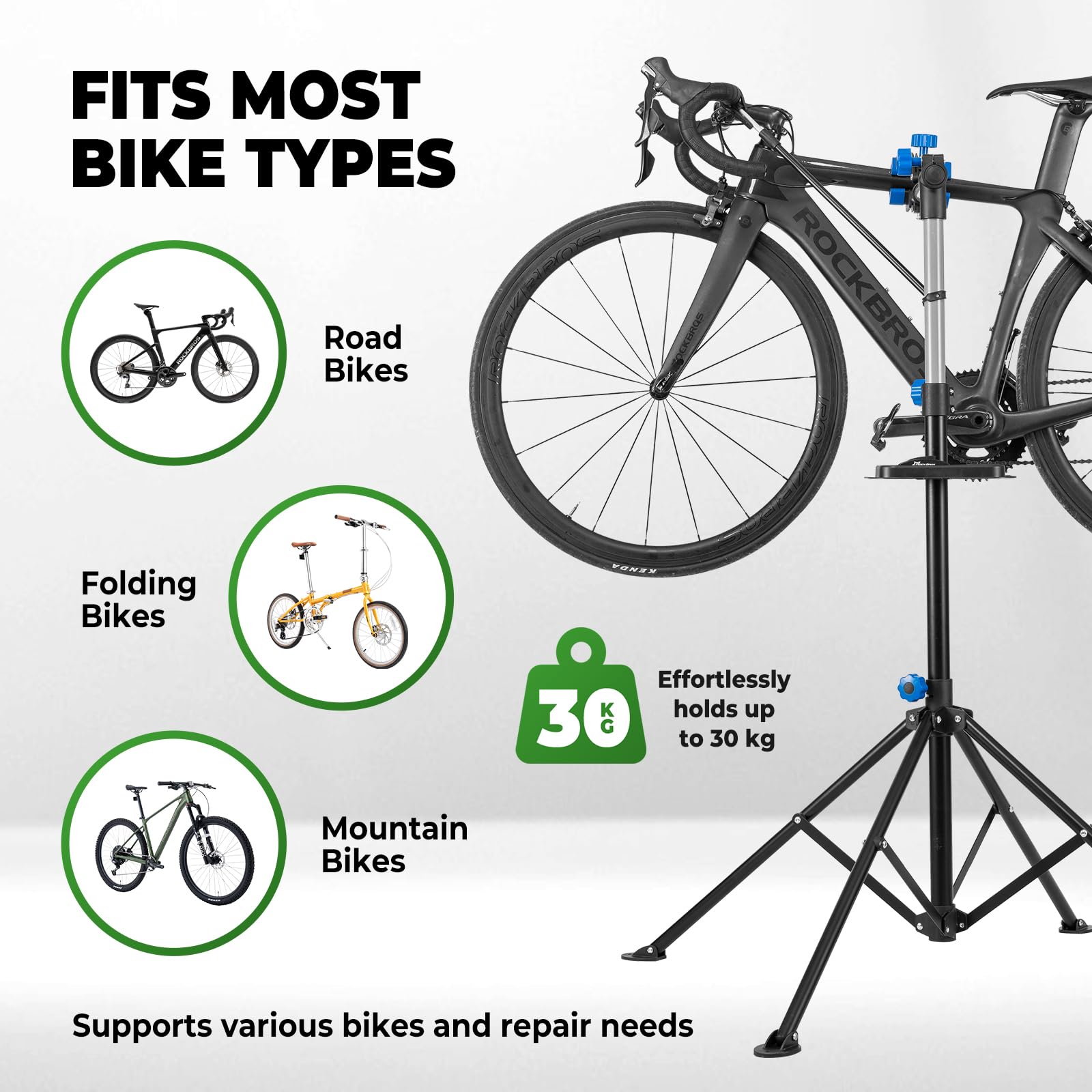 ROCKBROS Cavalletto Manutenzione Bici, Supporto Riparazione Biciclette Pieghevole con Vassoio, Rotazione a 360°, Altezza Regolabile, Portata Max 30 kg, per MTB, E-Bike