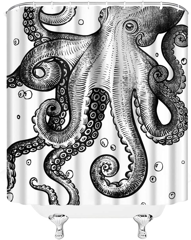 Gray Octopus Shower Curtain Ocean Kraken Sea Animal Octopus Tentacles Marine Life Nautical Cool 70" Wx96 H Bathroom Decor Curtain with Hooks