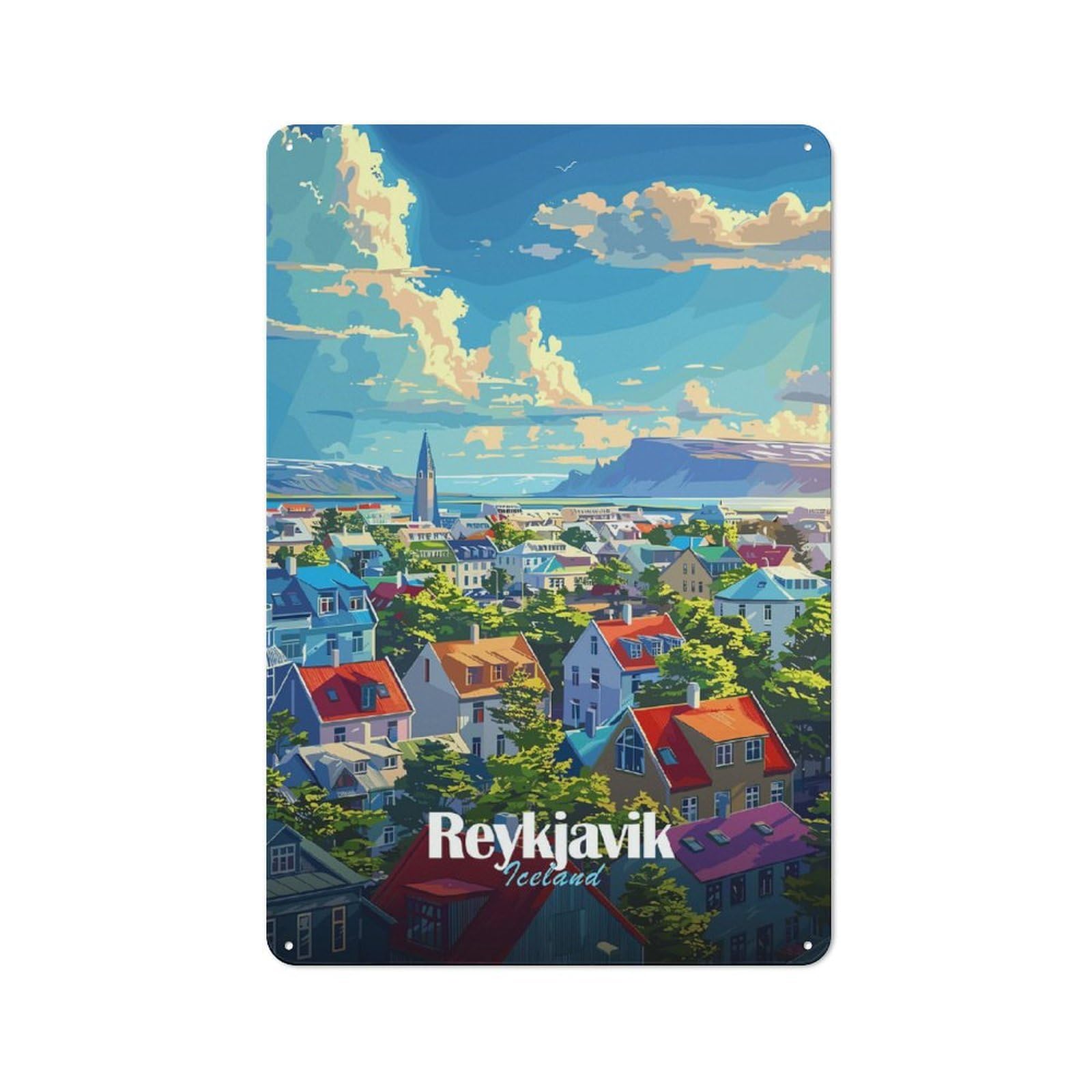 Junmoney Style-7 Weathered Look Reykjavik Cityscape Metal Wall Sign 30X20cm, Shed Wall Plaque For Tool Room, Garage, Studio Or Home Bar