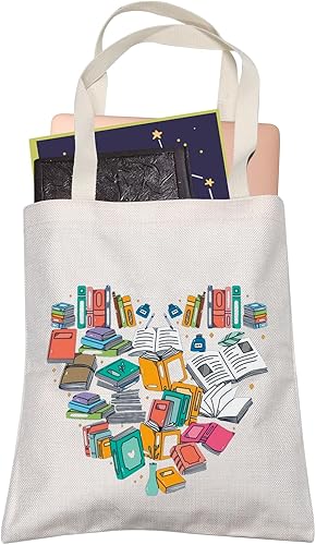 LEVLO Bolsa de compras con forma de corazón para amantes de los libros, reutilizable, regalo para profesores, estudiantes, mejores amigos