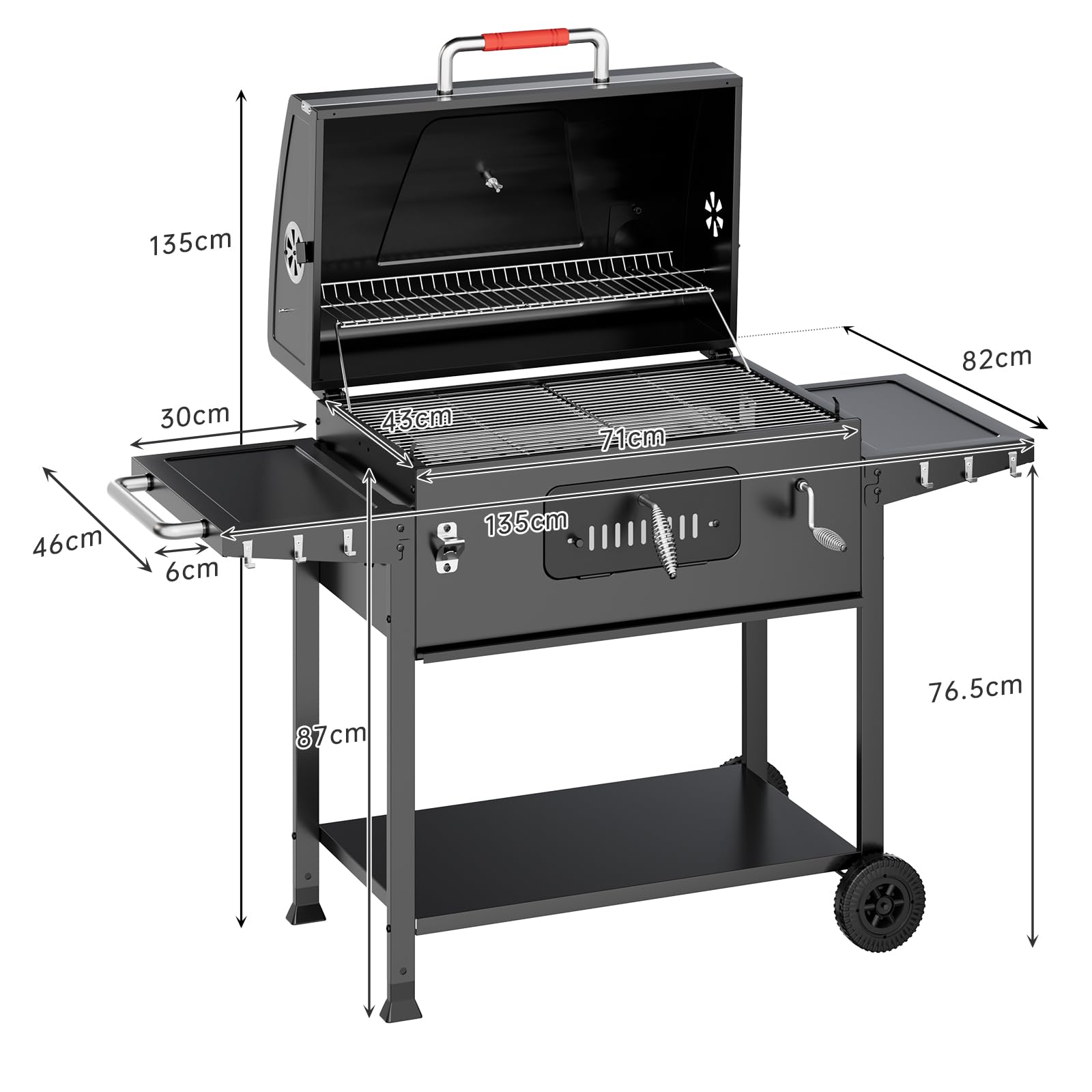 JUMMICO Tragbarer Holzkohlegrill mit Schornstein Schnellaufheizen Klappbaren Seitenbrettern Thermometer Zubehör für Familie Camping Garten BBQ