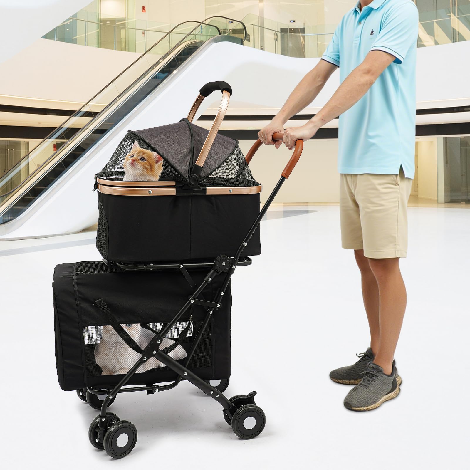 Cztery koła do cichej jazdy, ergonomiczny uchwyt do ciągnięcia i stabilna rama stalowa, dwupoziomowa konstrukcja, wózek dla psa, do 35 kg, składany wózek dla kotów, wózek dla psa, składany wózek dla