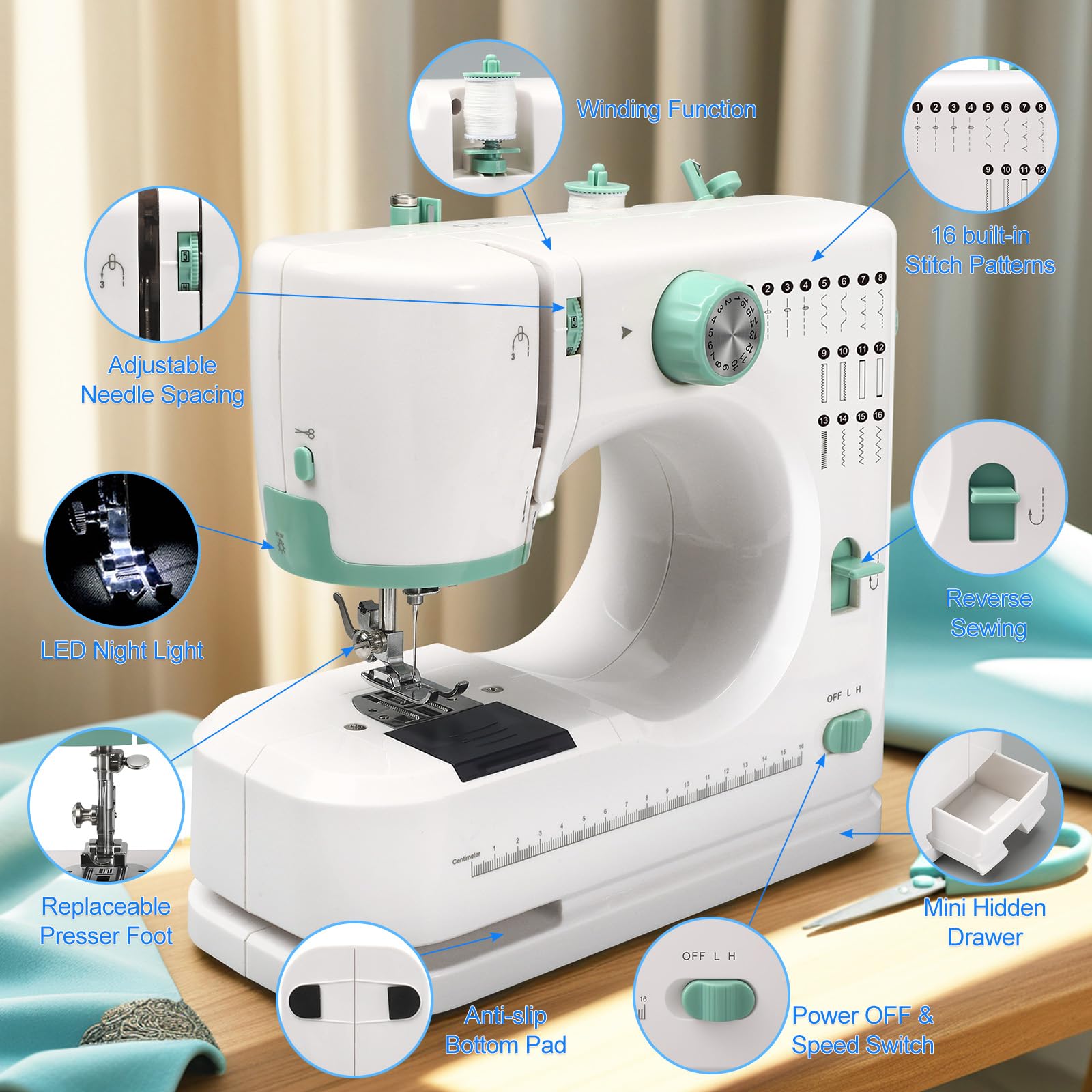 Mini Nähmaschine für Anfänger mit 32 Fäden Kit, 16 integrierte Stiche, multifunktionales tragbares Nähen mit Fußpedal, kleine Nähmaschine zum Reparieren