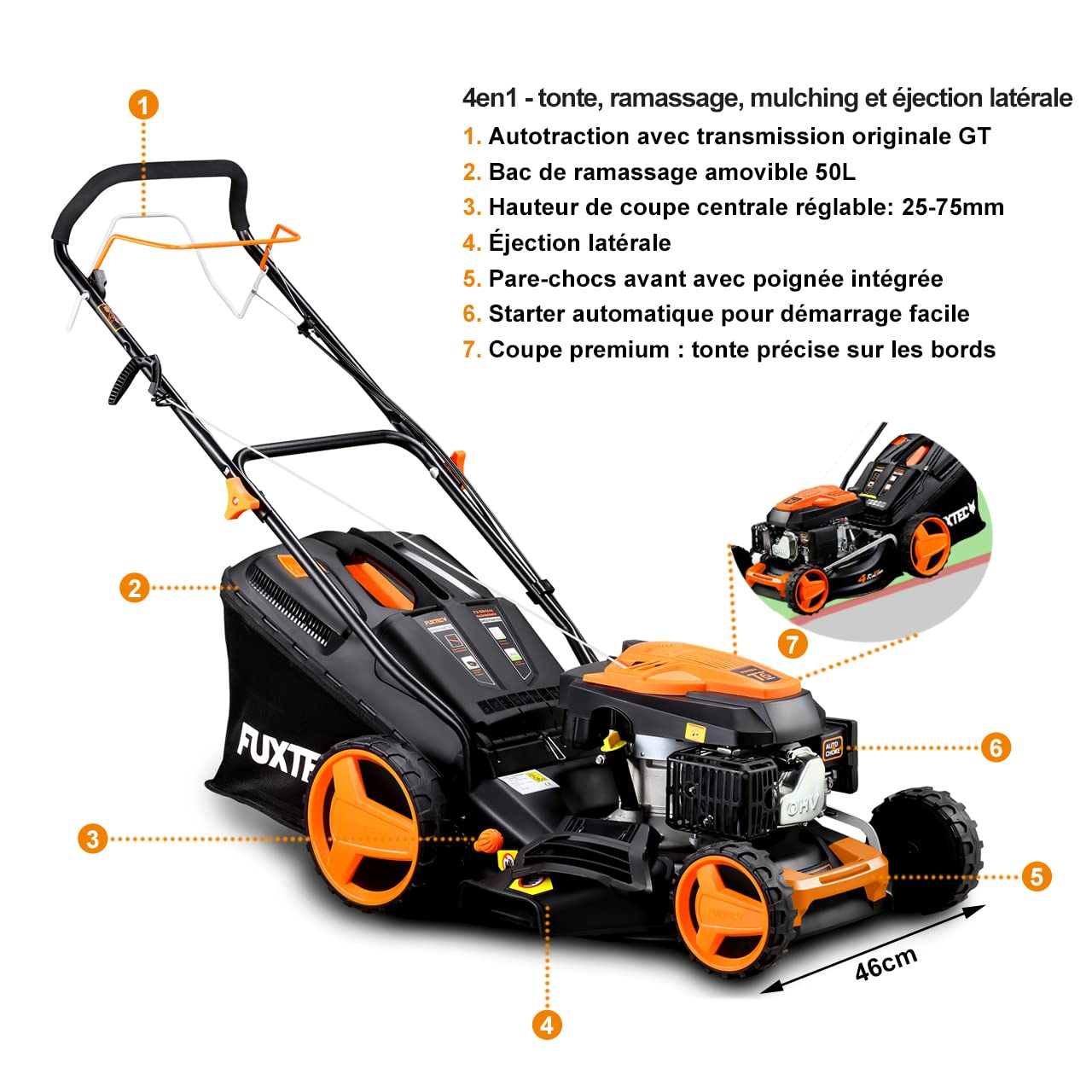 FUXTEC Tondeuse Thermique autotractée FX-RM4646 Easy Clean 4en1 Traction arrière Mulching Coupe 46cm capacité de ramassage 50L