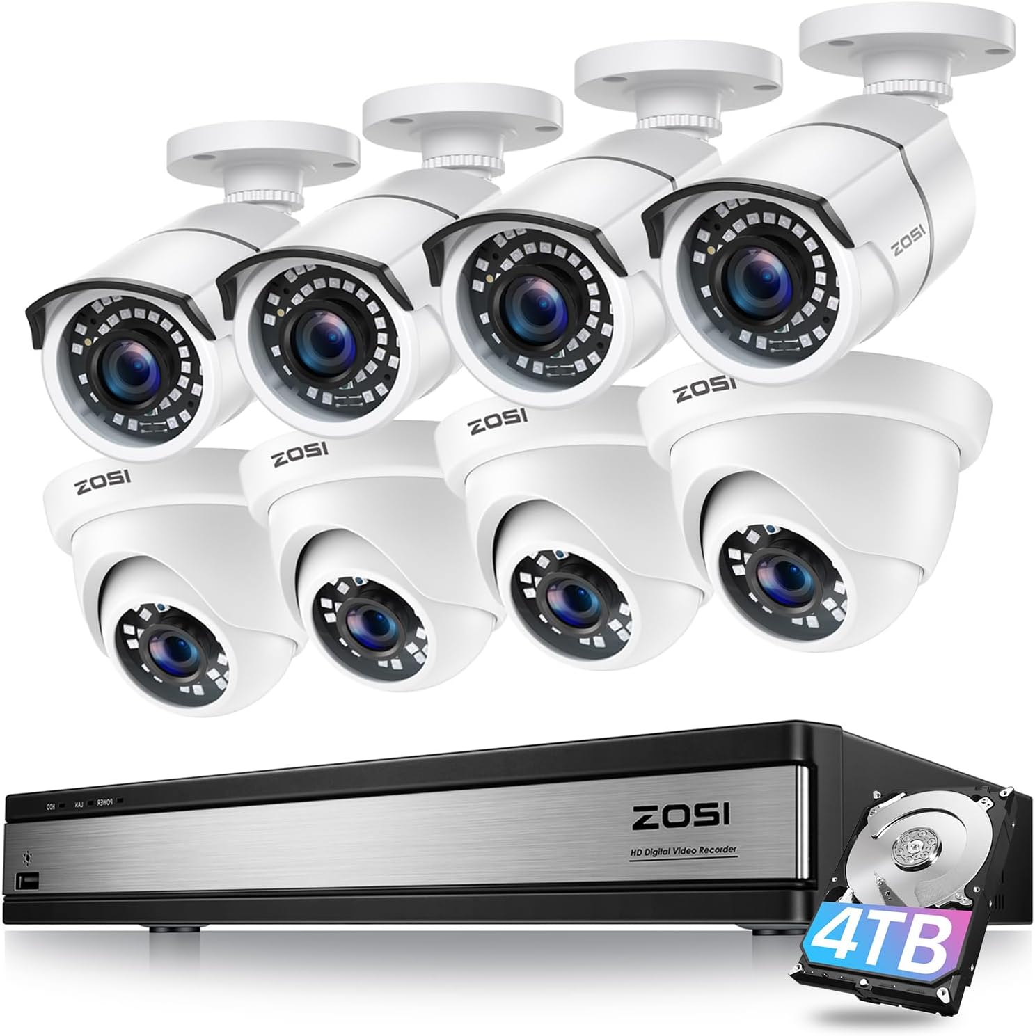 ZOSI Full 1080p 16 Channel Home Security Camera System with AI Human Vehicle Detection, H.265+ DVR with 4TB Hard Drive and 8 x 1080p CCTV Bullet Dome Camera Outdoor, Night Vision, Motion Alert Push