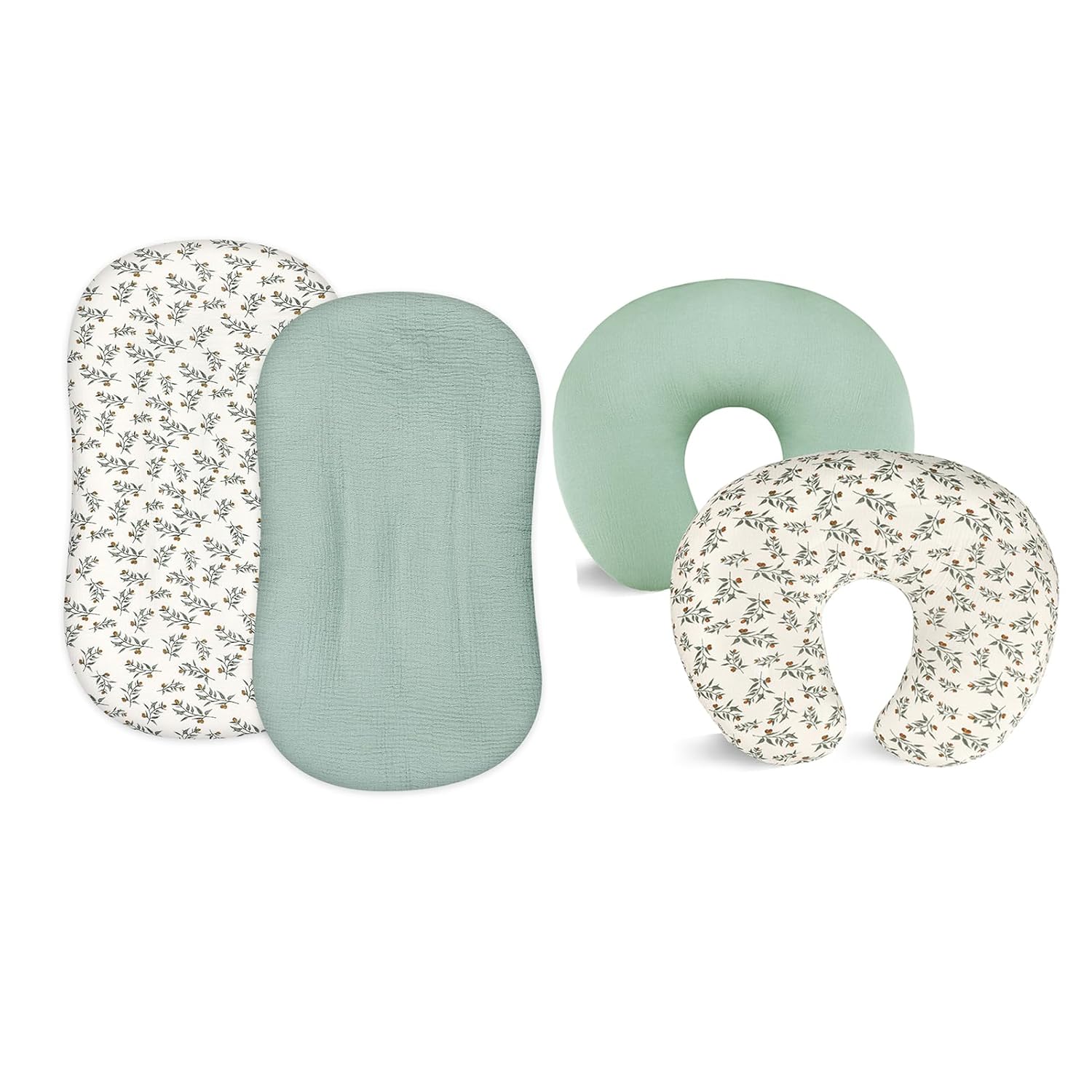 Hooyax Muslin Baby Lounger Cover 2 Pack and Muslin Nursing Pillow Cover 2 Pack, Soft and Breathable Infant Lounger Cover for Newborn, Adorable Infant Feeding Pillow Cover for Baby(Green Leaf)