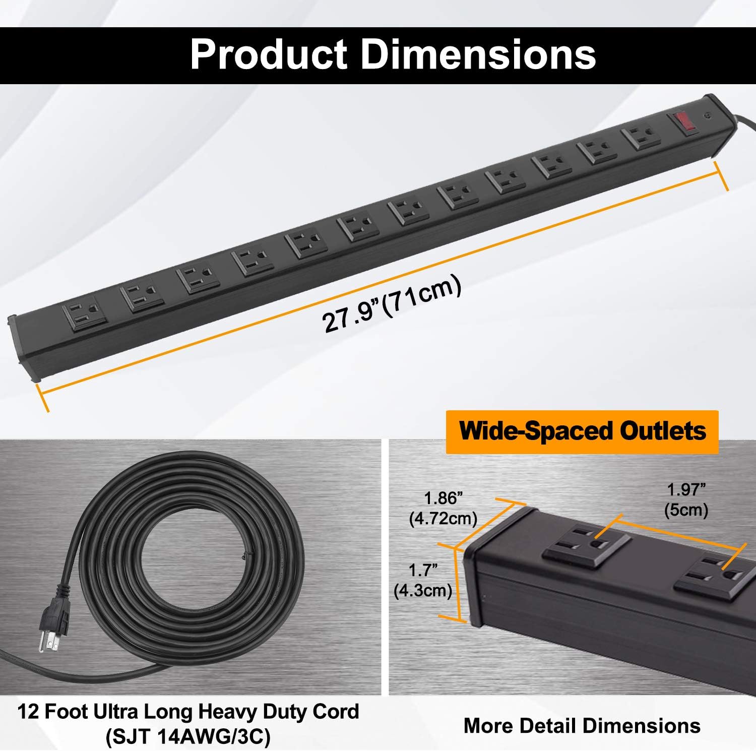 ❤ Crazy Deals BESTTEN Wide-Spaced 12-Outlet Heavy Duty Metal Power Strip, 12ft Long Extension Cord, 15A/125V/1875W, On/Off Switch with Circuit Breaker, UL Listed, Silver