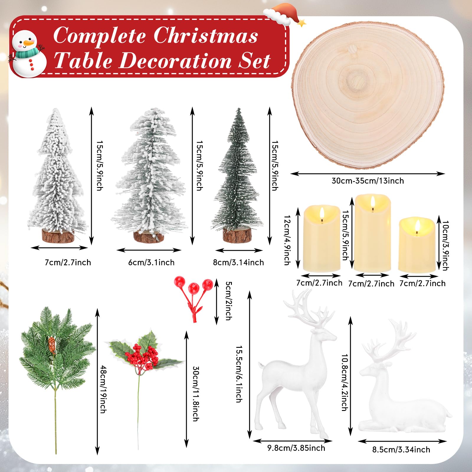 Lot de 14 tranches de bois de Noël pour tables - Décoration à faire soi-même - Dalles de bois naturel de 30,5 à 33 cm - Bougies - Branche de baies rouges - Mini arbres de Noël, rennes et