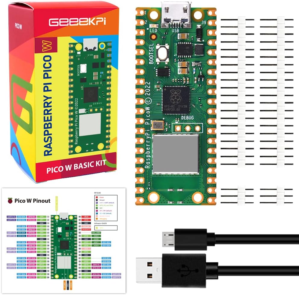 Raspberry Pi Pico W Basic Kit - Raspberry Pi RP2040 Chip, Wi-Fi Wireless Connectivity, Unsoldered Headers + MicroUSB Cable Included