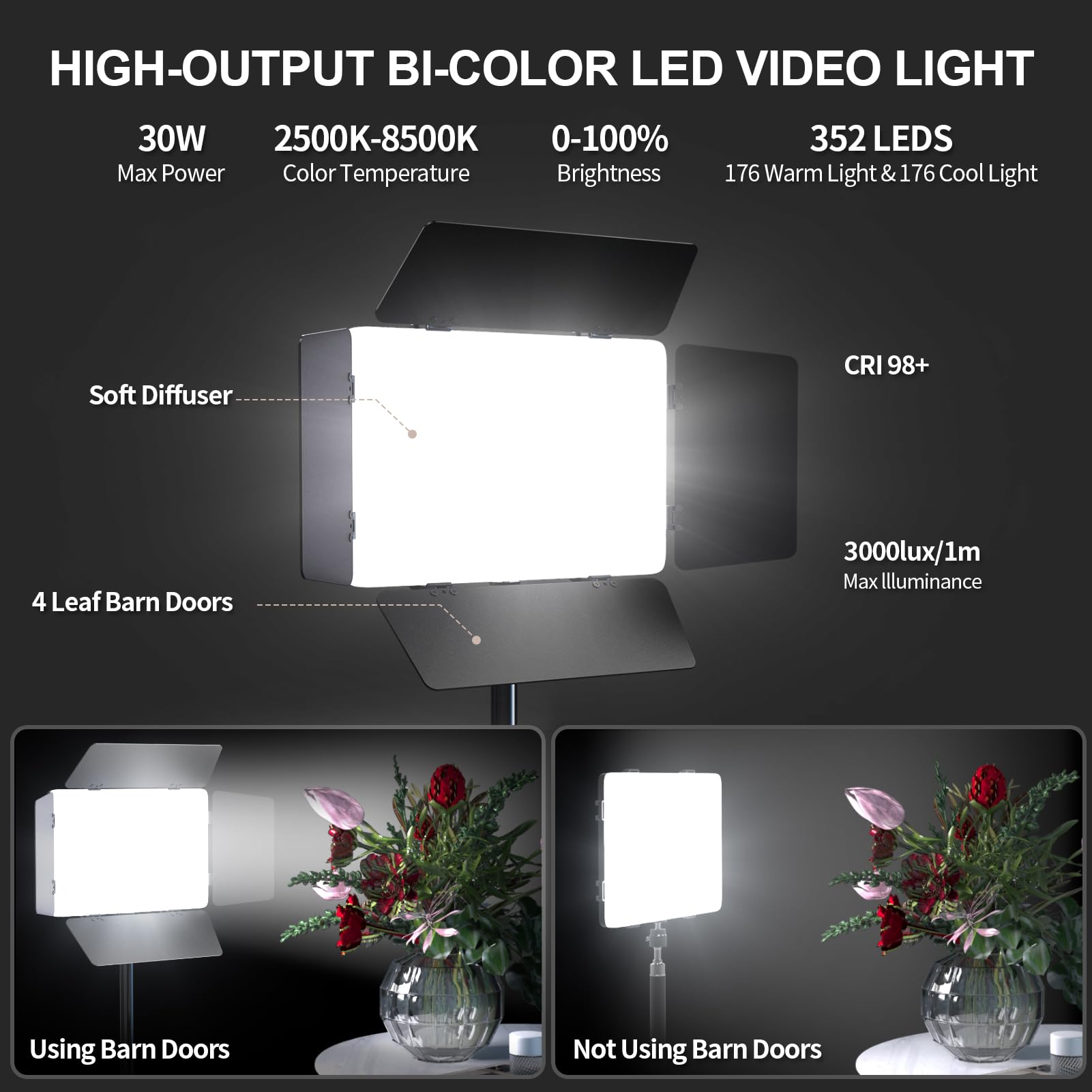 Lampa wideo LED z drzwiami stodoły, dwukolorowe oświetlenie fotograficzne 3000 luksów 2500 K-8500 K ściemniany panel oświetleniowy studyjny oświetlenie podcastów do nagrywania filmów na żywo