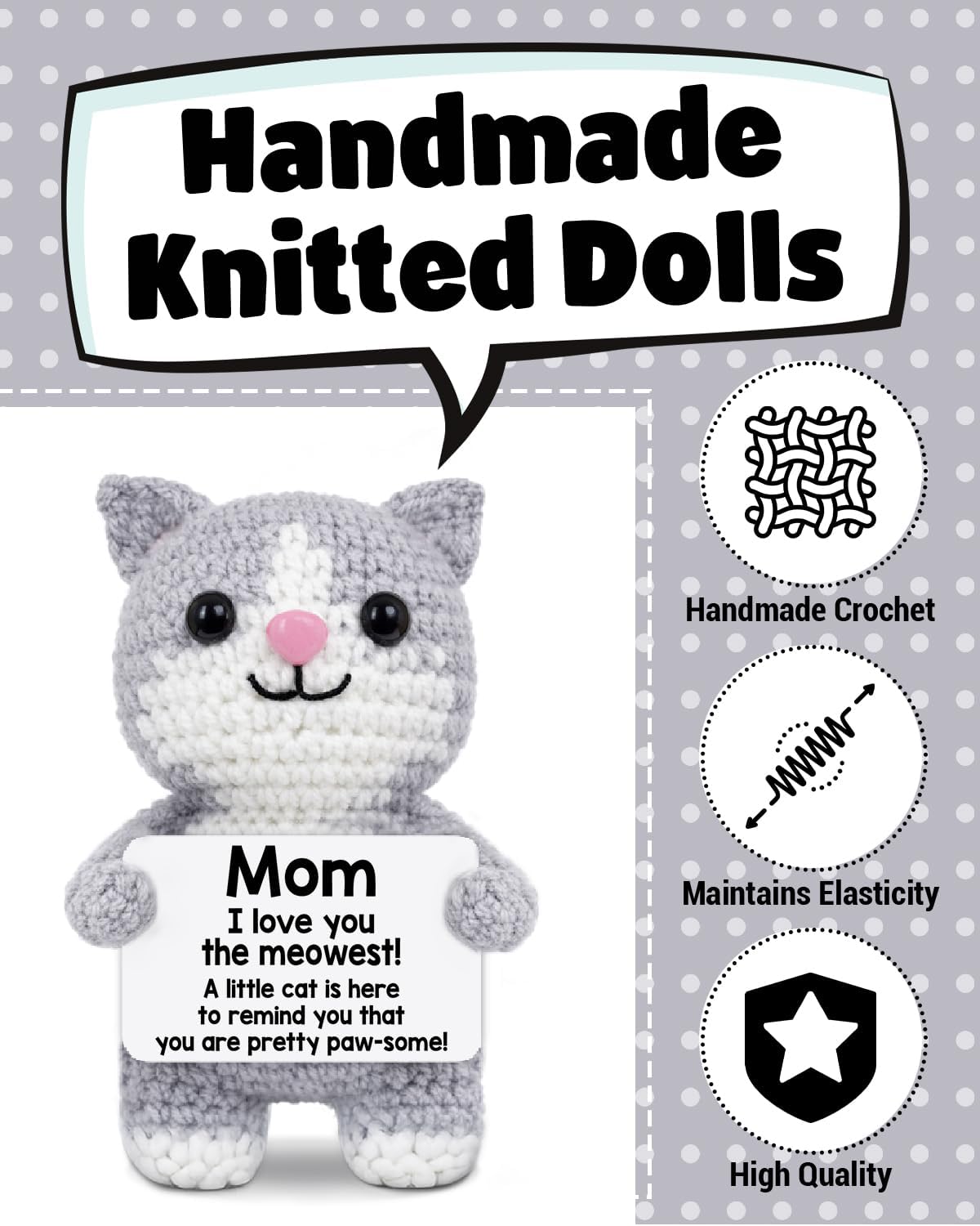 Mom Gift Positive Crochet Cat, Mothers Day Birthday Gifts Idea, I Love You Gifts for Mom Grandma, Cute Handmade Emotional Support Cat Plush Decor