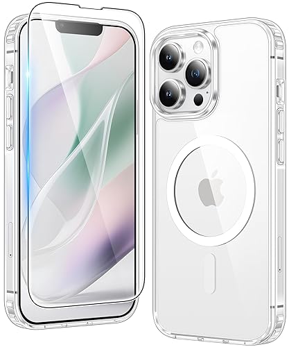FNTCASE for iPhone 13 Pro Case: Clear Magnetic Phone Cases with Screen Protector Compatible with Magsafe Slim Anti Yellowing Rugged Shockproof Protective Transparent Cell Phone Cover (A-Clear)