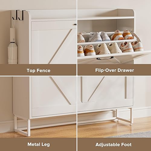 Miniatura 7 de EOYUTLLY Zapatero para entrada con 2 cajones abatibles, armario estrecho de madera para almacenamiento de zapatos con patas de metal, capacidad para
