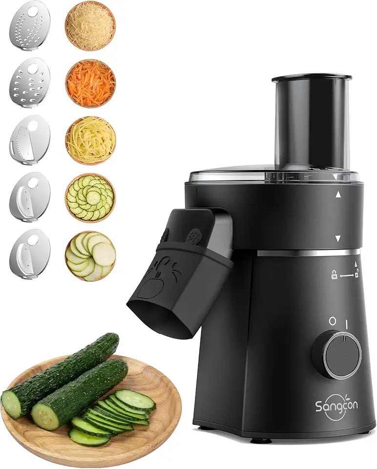 sangcon Ralador Elétrico Queijo Em Bloco, Fatiador De Salada Automático 5 Em 1 E Fatiador De Legumes Com 5 Lâminas De Aço Inoxidável, Ralador Elétrico De Um Toque Para Queijo, Legumes, Frutas E Nozes