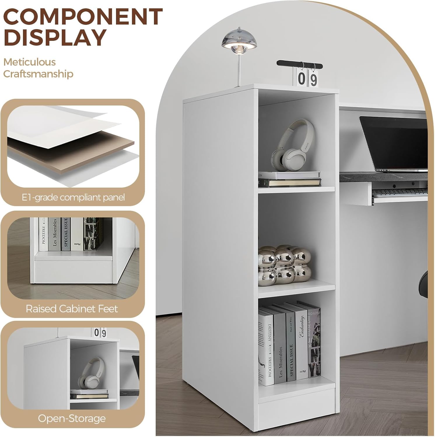 71" Modern L-Shaped Reception Desk with Counter, Lockable Drawer, Keyboard Tray, LED Light & Storage Shelves, Left Layout, Black Grain + White Grain