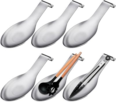 6 PCS Stainless Steel Spoon Rest, Large Size Spoon Ladle Holder for Kitchen Counter Stove Top, Heavy Duty Spatula Holder Metal Utensil Rest for Home Buffet Use, 3.8 x 9.6 Inch Silver