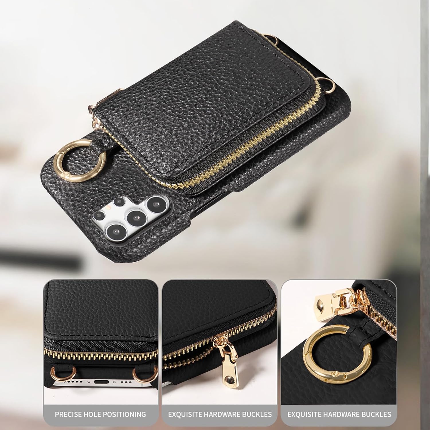 Wallet Case for Samsung Galaxy S25 Ultra 5G with Shoulder Strap Ring Buckle, Luxury PU Leather Zipper Flip Organ Purse, Credit Card Holder Stand Phone Cover for S25Ultra 25S S 25 25Ultra Black - Image 2