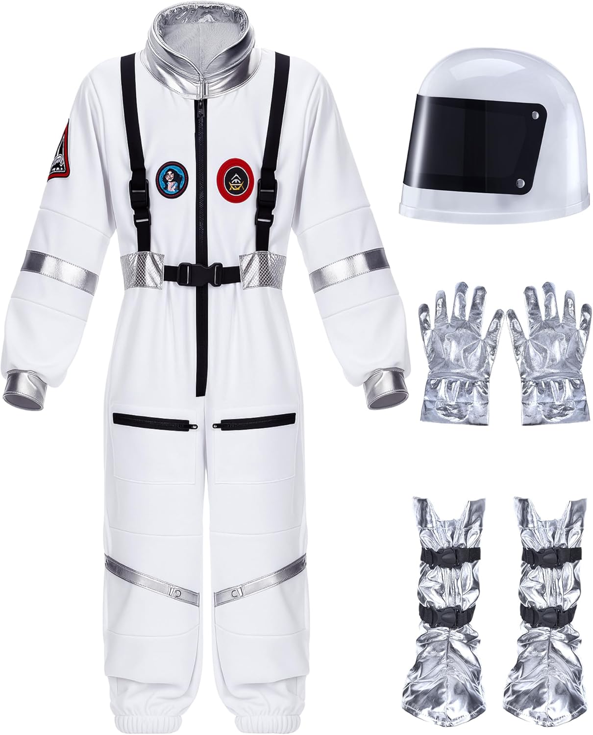 Cuffbow 4 Pcs Astronaut Costume Kids for Halloween, Space Helmet Jumpsuit Gloves Shoe Covers Set for Child Teen Boys