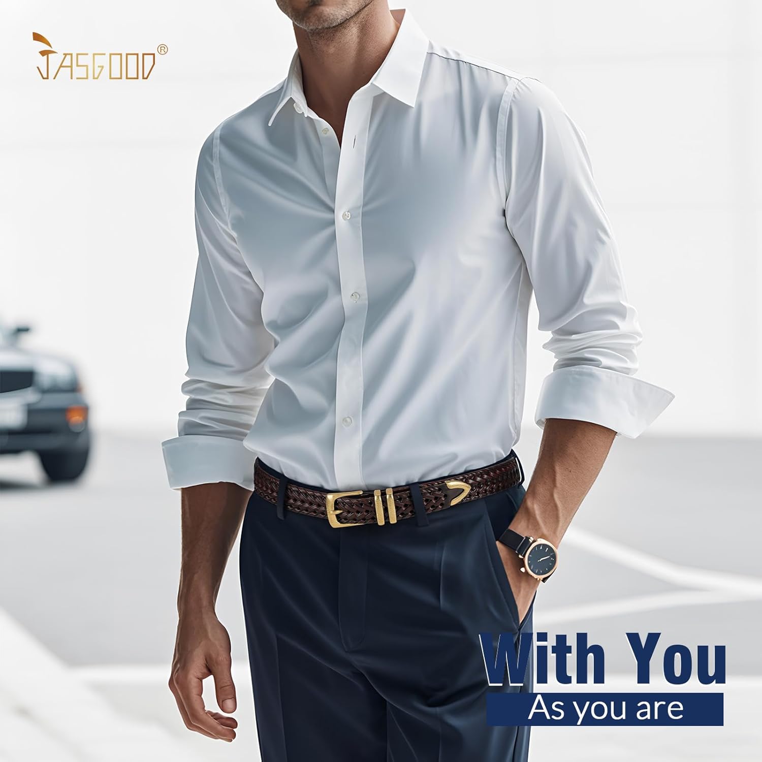 JASGOOD Men's Braided Leather Belt, Braided Woven Belt for Men Casual Jeans with Solid Strap Single Prong Buckle - Image 2