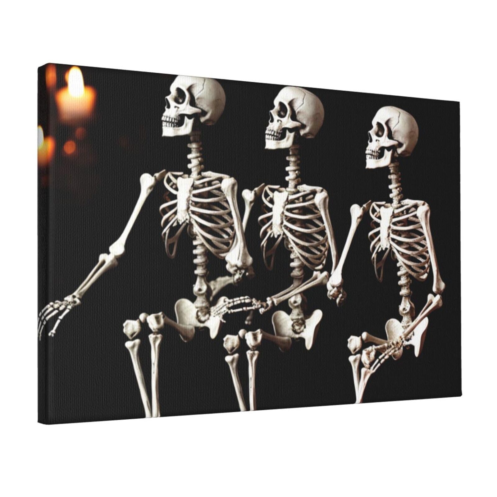 YKLJG Halloween Posable Skeleton Skull Printed Wall Art Canvas Prints 45x30 CM Wooden Framed Picture Painting Artwork for Bedroom Kitchen Home Office Decor