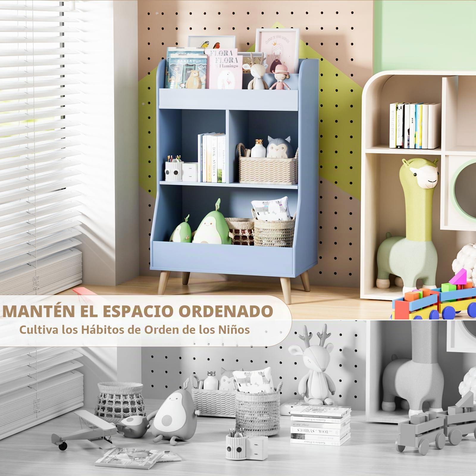 MAMIZO Estantería Infantil 5 Estantes,Mueble Juguetes Organizador, Estantería Montessori,Librería Infantil,para Guardería Sala de Juegos,con 2 Estantes, 3 Compartimentos,94 × 62 × 34 cm,Azul