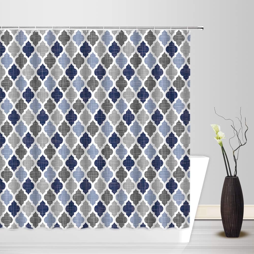 Geometric Quatrefoil Shower Curtain Blue Gray Vintage Farmhouse Moroccan Tile Pattern Heavy Textured Modern Art Home Bathroom Fabric Decor Curtain with Hooks