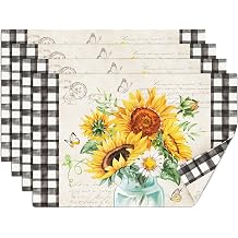 comfoyar Sunflower Vase Placemats Set of 4, 12x18 Inch Non-Slip Linen Summer Daisy Floral Place Mats, Washable Absorbent Butterfly Checkered Table Mats for Kitchen Dining Party Table Decoration