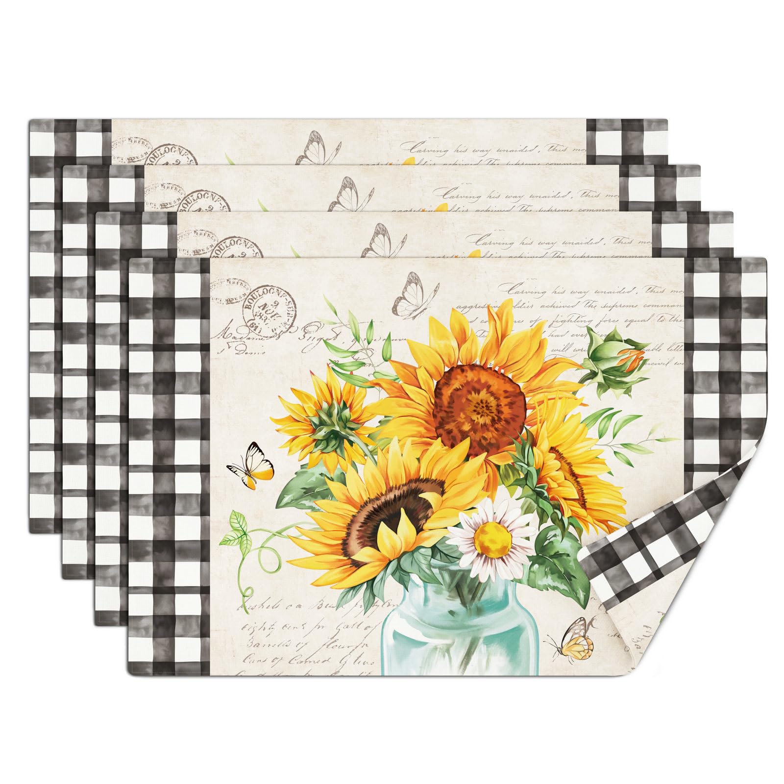 comfoyar Sunflower Vase Placemats Set of 4, 12x18 Inch Non-Slip Linen Summer Daisy Floral Place Mats, Washable Absorbent Butterfly Checkered Table Mats for Kitchen Dining Party Table Decoration