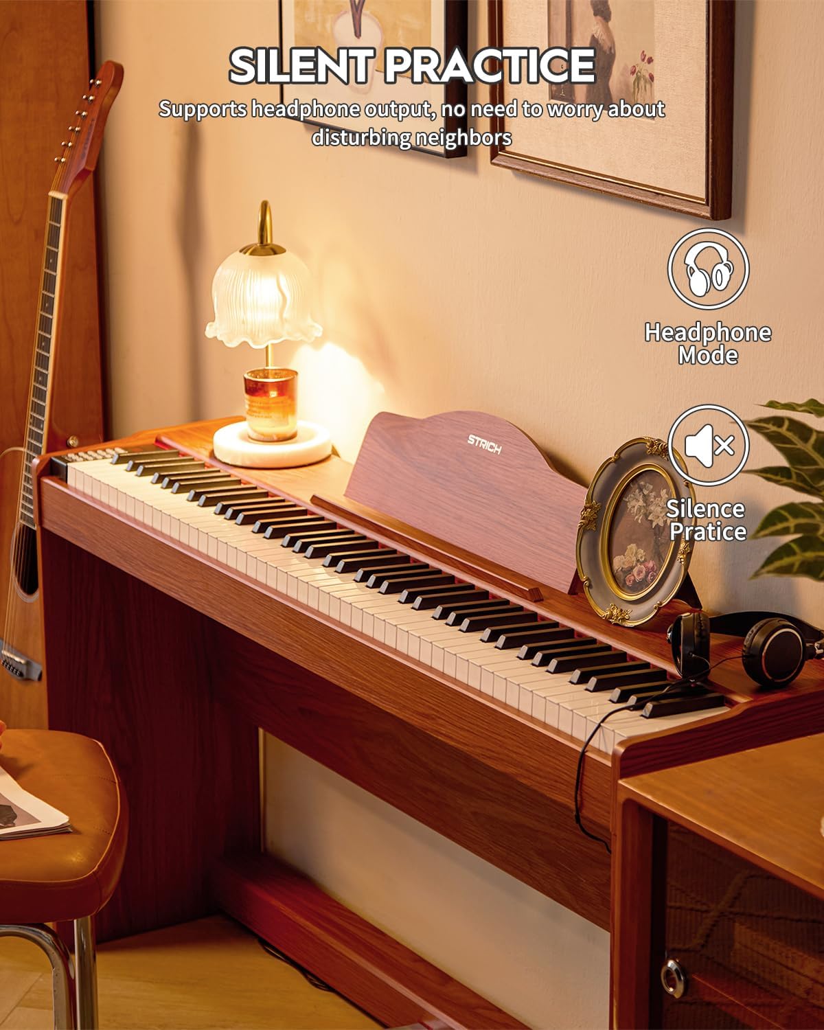 STRICH Digital Piano 88 Keys, Hammer-Action Weighted Keyboard, Full size Electric Piano Keyboard with Furniture Stand, 25Wx2 Speakers, Supports USB-MIDI/Wireless Connect, SDP-300W (Color Mahogany)